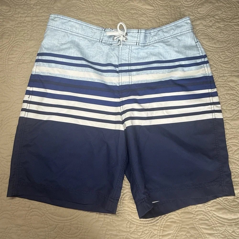 Lands'‎ End Men's Swim Trunks L (36-38) Navy Blue White Striped pockets Lined